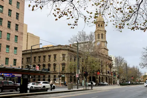 Adelaide Town Hall and its clock tower on King William Street, Adelaide, where the Beatles waved from the balcony in 1964