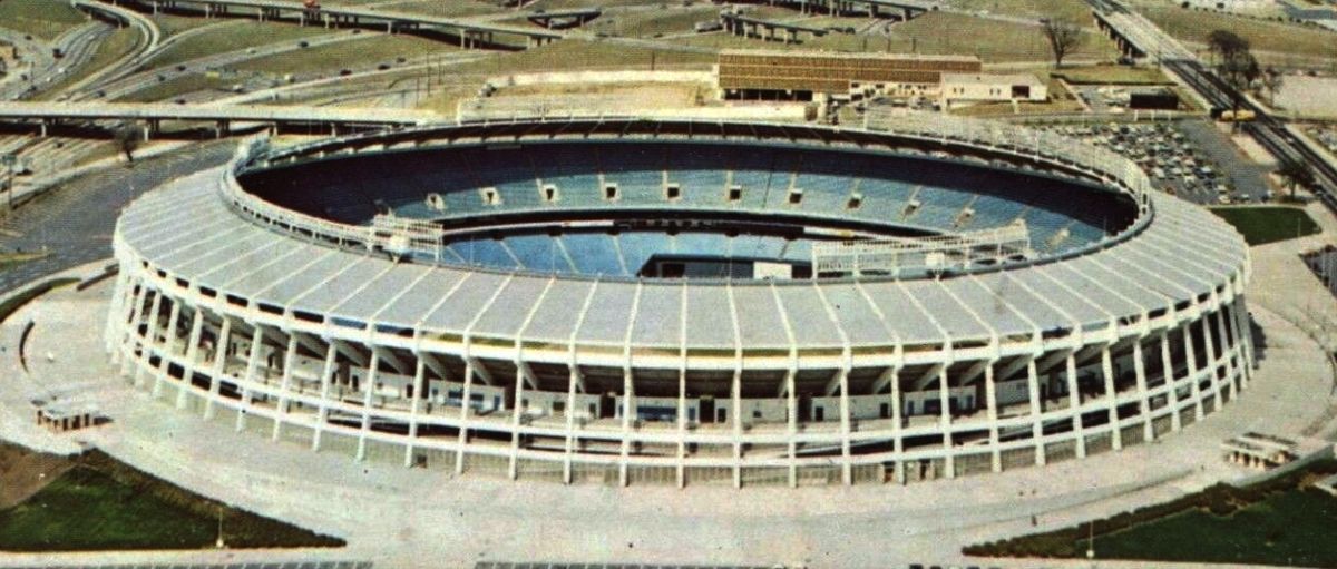 Aerial postcard view of Atlanta Stadium, later Atlanta–Fulton County Stadium, where the Beatles played in 1965, around the late 1960s