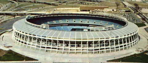 Aerial postcard view of Atlanta Stadium, later Atlanta–Fulton County Stadium, where the Beatles played in 1965, around the late 1960s