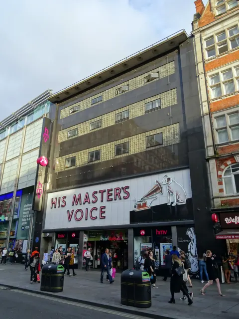 Blue plaque marking the site of the original HMV store at 363 Oxford Street, London
