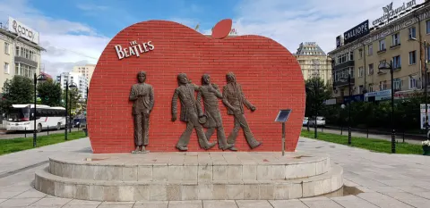 Bronze relief of the four Beatles on the Beatles Monument in Ulaanbaatar, Mongolia
