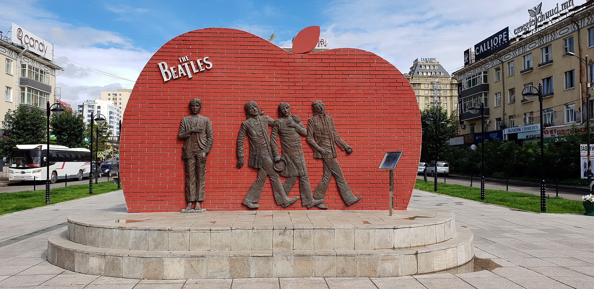 Bronze relief of the four Beatles on the Beatles Monument in Ulaanbaatar, Mongolia