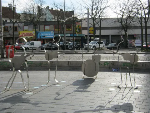 The five steel Beatles silhouettes on Beatles-Platz in Hamburg-St. Pauli, seen from the front