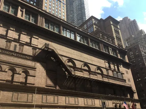 Carnegie Hall in New York City seen from the corner of Seventh Avenue and West 57th Street in August 2021