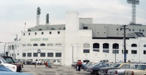 Outside of the old Comiskey Park in Chicago in 1986, the ballpark where the Beatles played two concerts in 1965; it was demolished in 1991