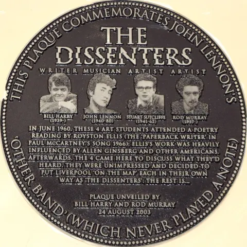 The Dissenters plaque above a doorway inside Ye Cracke pub, Rice Street, Liverpool