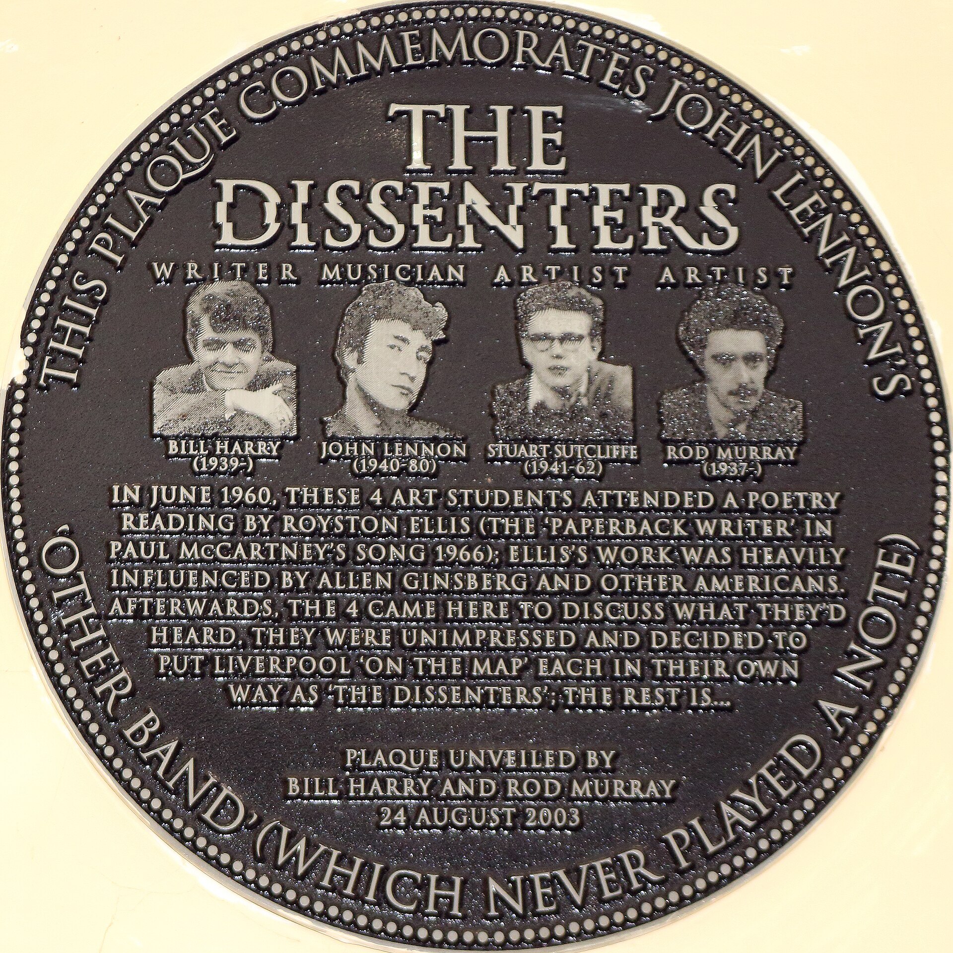 The Dissenters plaque above a doorway inside Ye Cracke pub, Rice Street, Liverpool