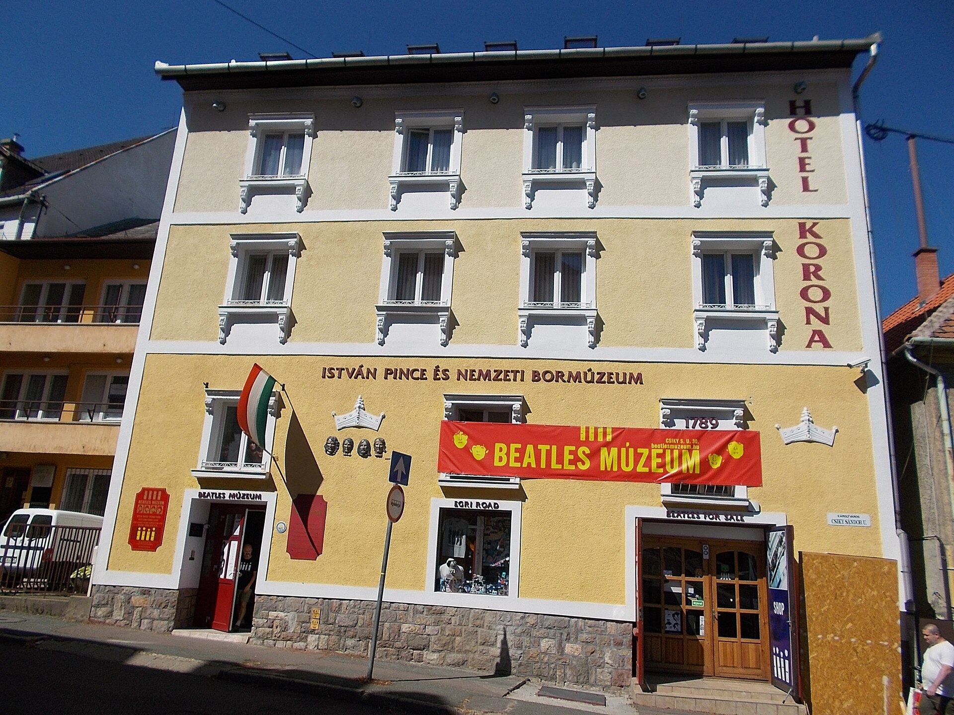 Street front of the Egri Road Beatles Museum at Csiky Sándor utca 30 in Eger, Hungary, in 2016
