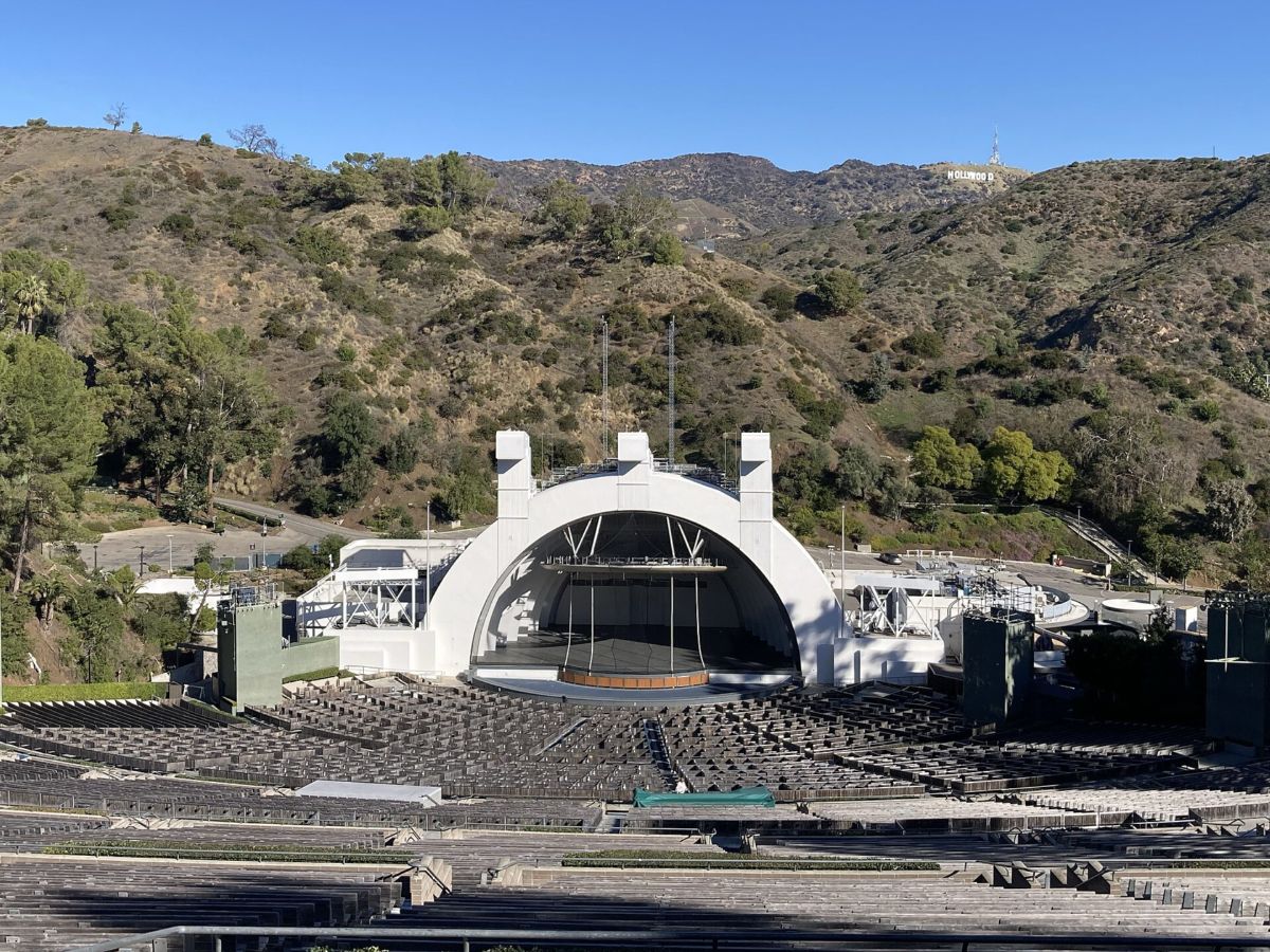 The Hollywood Bowl amphitheater and stage in Los Angeles in January 2024, with the Hollywood Sign on the hills behind