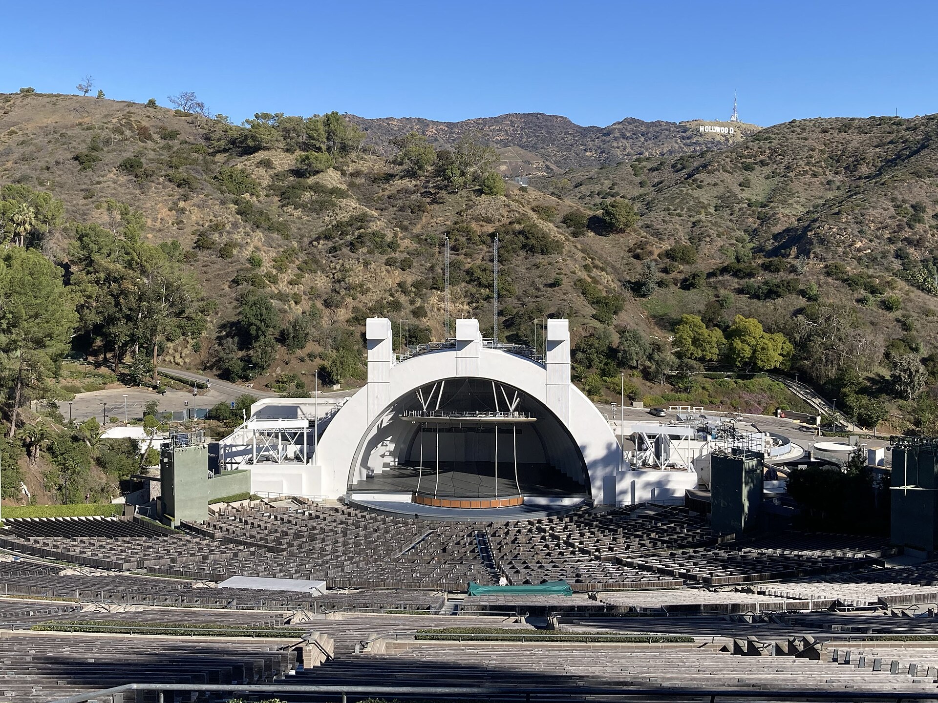 The Hollywood Bowl amphitheater and stage in Los Angeles in January 2024, with the Hollywood Sign on the hills behind