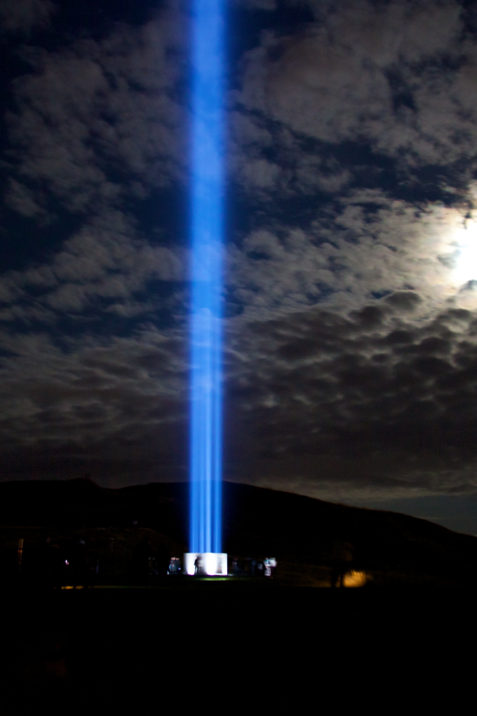 The Imagine Peace Tower light beam rising from Viðey island, Reykjavík, on 9 October 2011