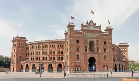 Neo-Mudéjar facade of the Las Ventas bullring seen from Calle de Alcalá, Madrid