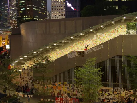 Staircase wall covered in sticky notes at the Central Government Complex in Admiralty, Hong Kong, 21 October 2014