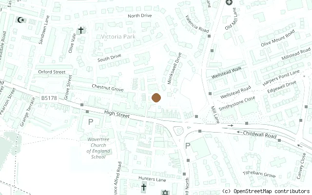 Map showing the location of 12 Arnold Grove, George Harrison's birthplace in Liverpool