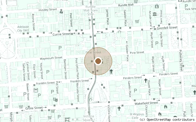 Map showing the location of Adelaide Town Hall balcony and Beatles artwork in Adelaide