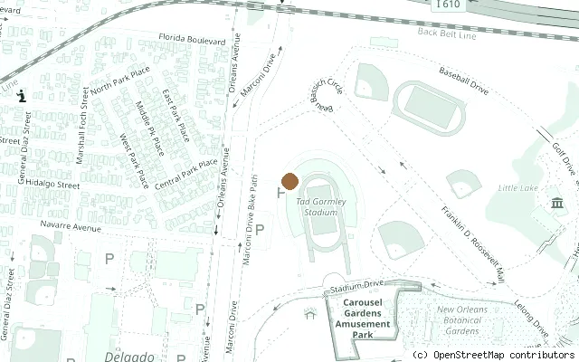 Map showing the location of Beatles concert plaque, Tad Gormley Stadium, City Park, New Orleans in New Orleans