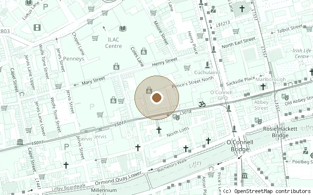 Map showing the location of Beatles concerts plaque, former Adelphi Cinema, Middle Abbey Street in Dublin