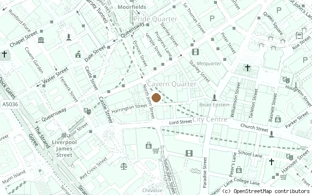 Map showing the location of Beatles statues, Hard Days Night Hotel in Liverpool