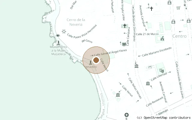 Map showing the location of Beatles statues, Callejón Liverpool, Mazatlán in Mazatlán
