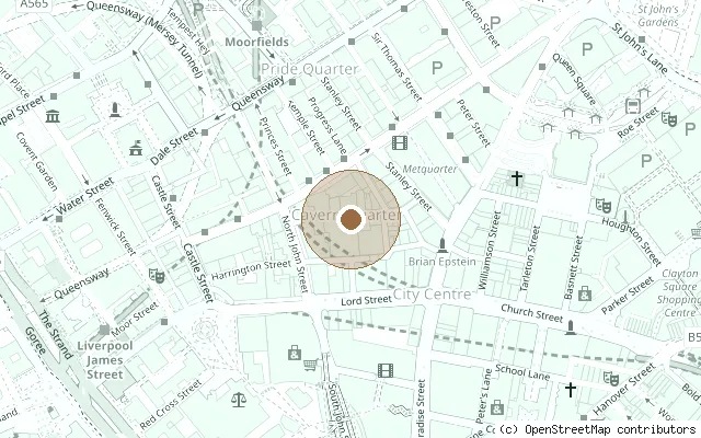 Map showing the location of Four Lads Who Shook the World, Mathew Street in Liverpool