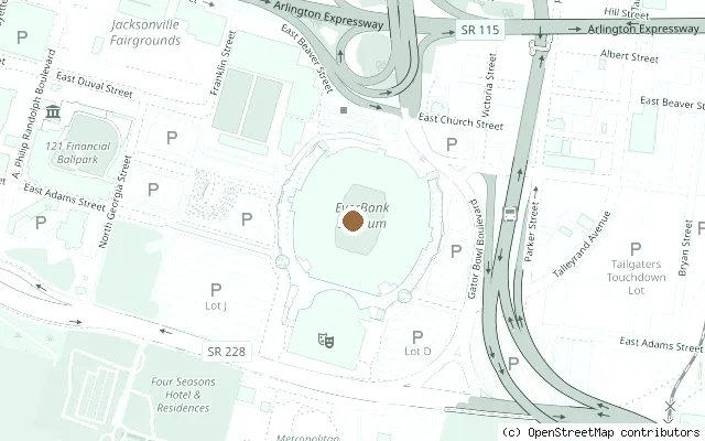 Map showing the location of Site of the Gator Bowl, now EverBank Stadium (Beatles 1964 concert) in Jacksonville
