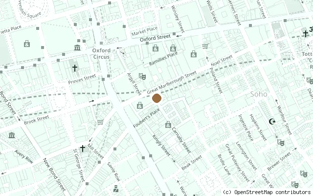 Map showing the location of Imagine, John Lennon statue on Carnaby Street in London