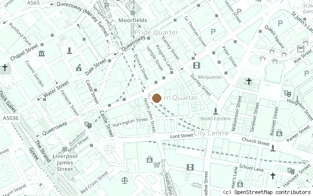 Map showing the location of John Lennon Statue, Mathew Street in Liverpool