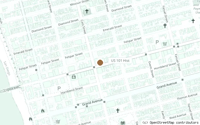 Map showing the location of John Lennon Mural, Pacific Beach, San Diego in San Diego