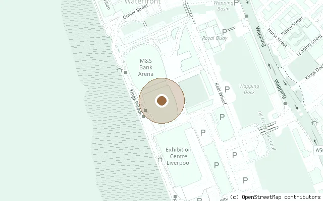 Map showing the location of John Lennon Peace Monument, Kings Dock in Liverpool