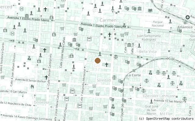 Map showing the location of John Lennon Statue, Plaza de las Artes in San José