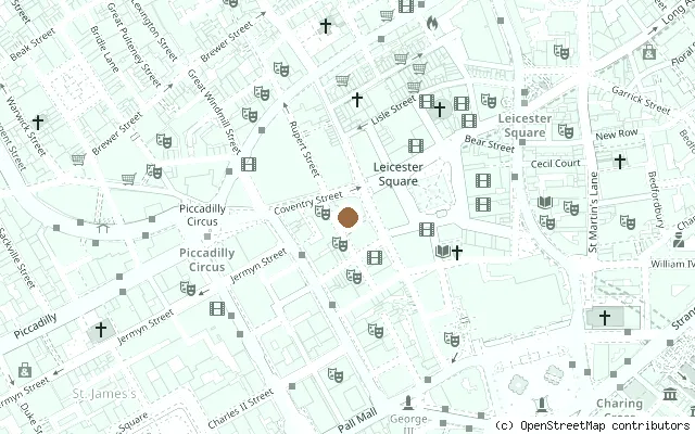 Map showing the location of Prince of Wales Theatre, Beatles 1963 Royal Variety Performance in London