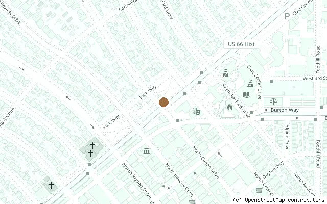 Map showing the location of Peace and Love sculpture, Beverly Gardens Park in Beverly Hills