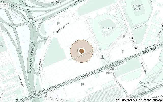 Map showing the location of Site of Shea Stadium, Citi Field parking lot in New York City