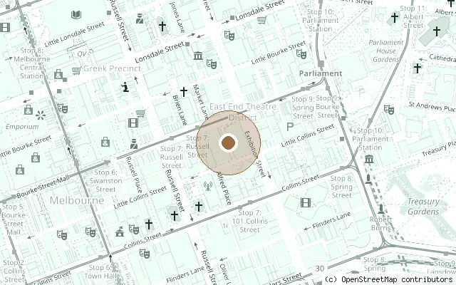 Map showing the location of Southern Cross Hotel site, Bourke and Exhibition streets in Melbourne
