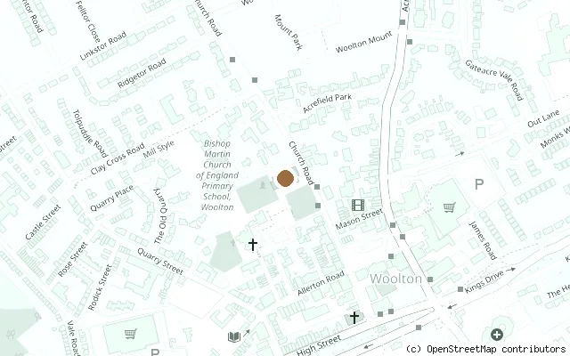 Map showing the location of St Peter's Church and church hall, Woolton in Liverpool