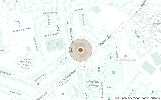 Map showing the location of Stuart Sutcliffe's grave, St Michael's Church, Huyton in Huyton