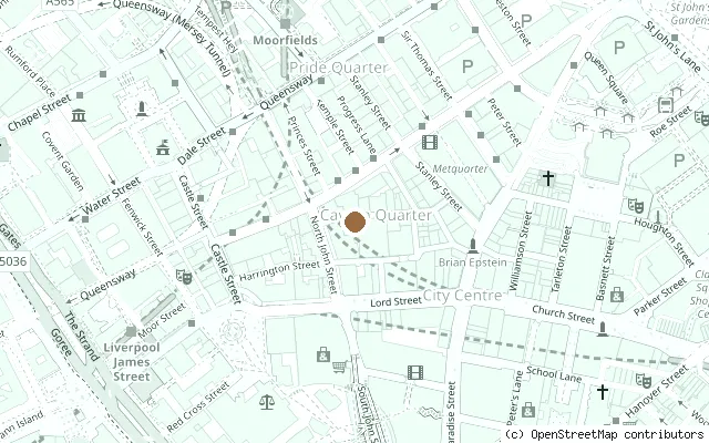 Map showing the location of The Cavern Club, Mathew Street in Liverpool