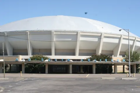 The round Mid-South Coliseum arena in Memphis, Tennessee, where the Beatles played two concerts in August 1966, photographed in 2008