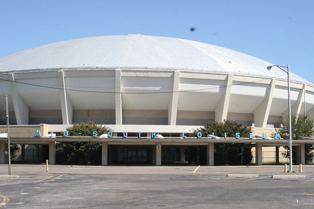 The round Mid-South Coliseum arena in Memphis, Tennessee, where the Beatles played two concerts in August 1966, photographed in 2008