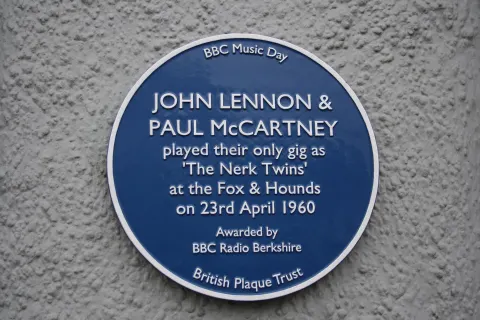 Blue plaque for John Lennon and Paul McCartney's Nerk Twins gig on the Fox and Hounds pub in Caversham, Reading