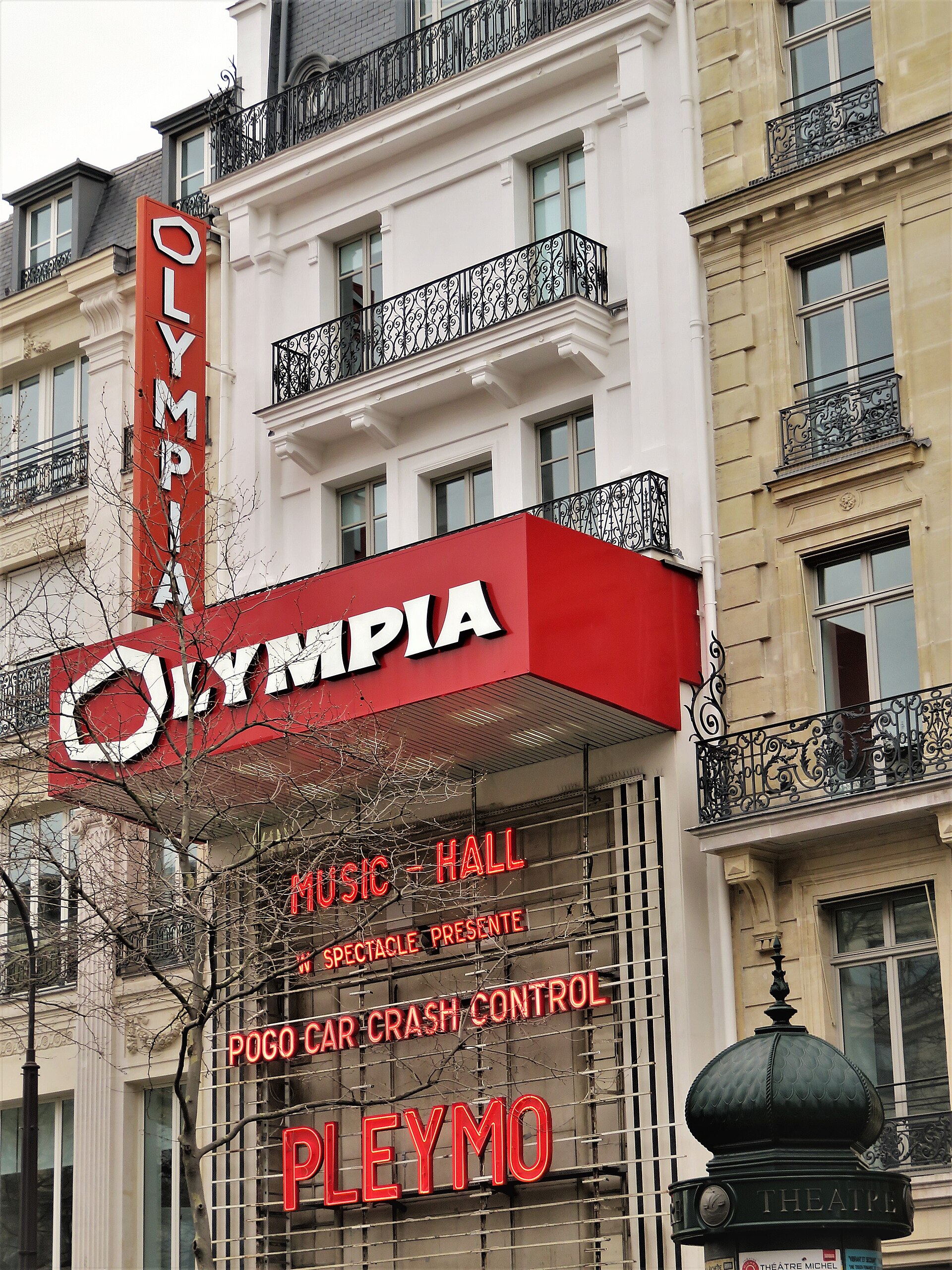 Illuminated Olympia sign and frontage on the boulevard des Capucines in Paris, 2018
