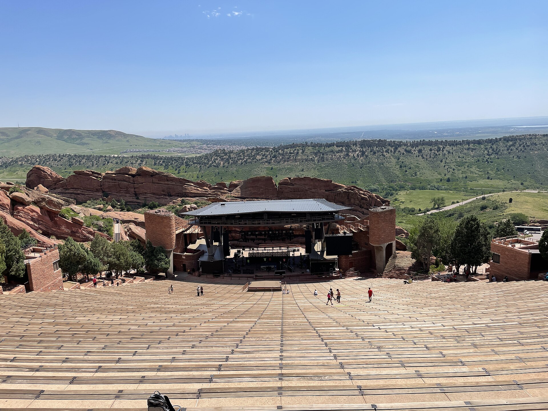 Red Rocks Amphitheatre near Morrison, Colorado, looking east from the top rows toward the stage in June 2021