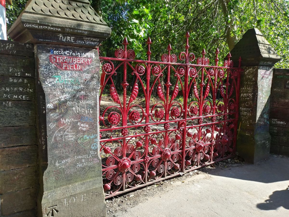 The red gates of Strawberry Field on Beaconsfield Road, Liverpool