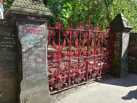 The red gates of Strawberry Field on Beaconsfield Road, Liverpool