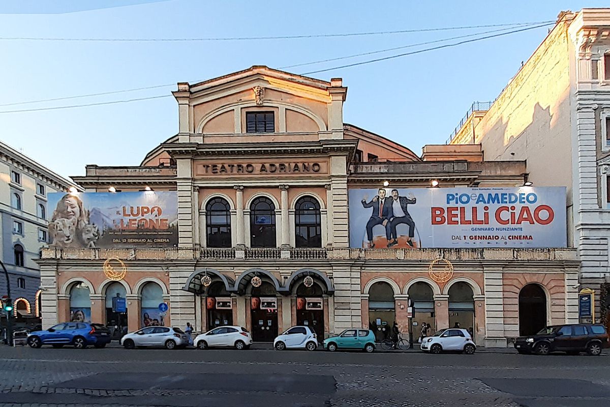 Facade of the former Teatro Adriano, now a cinema, on Piazza Cavour in Rome, 2022
