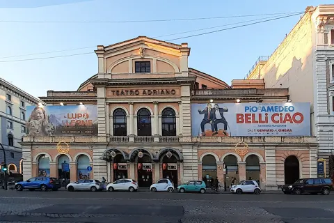 Facade of the former Teatro Adriano, now a cinema, on Piazza Cavour in Rome, 2022