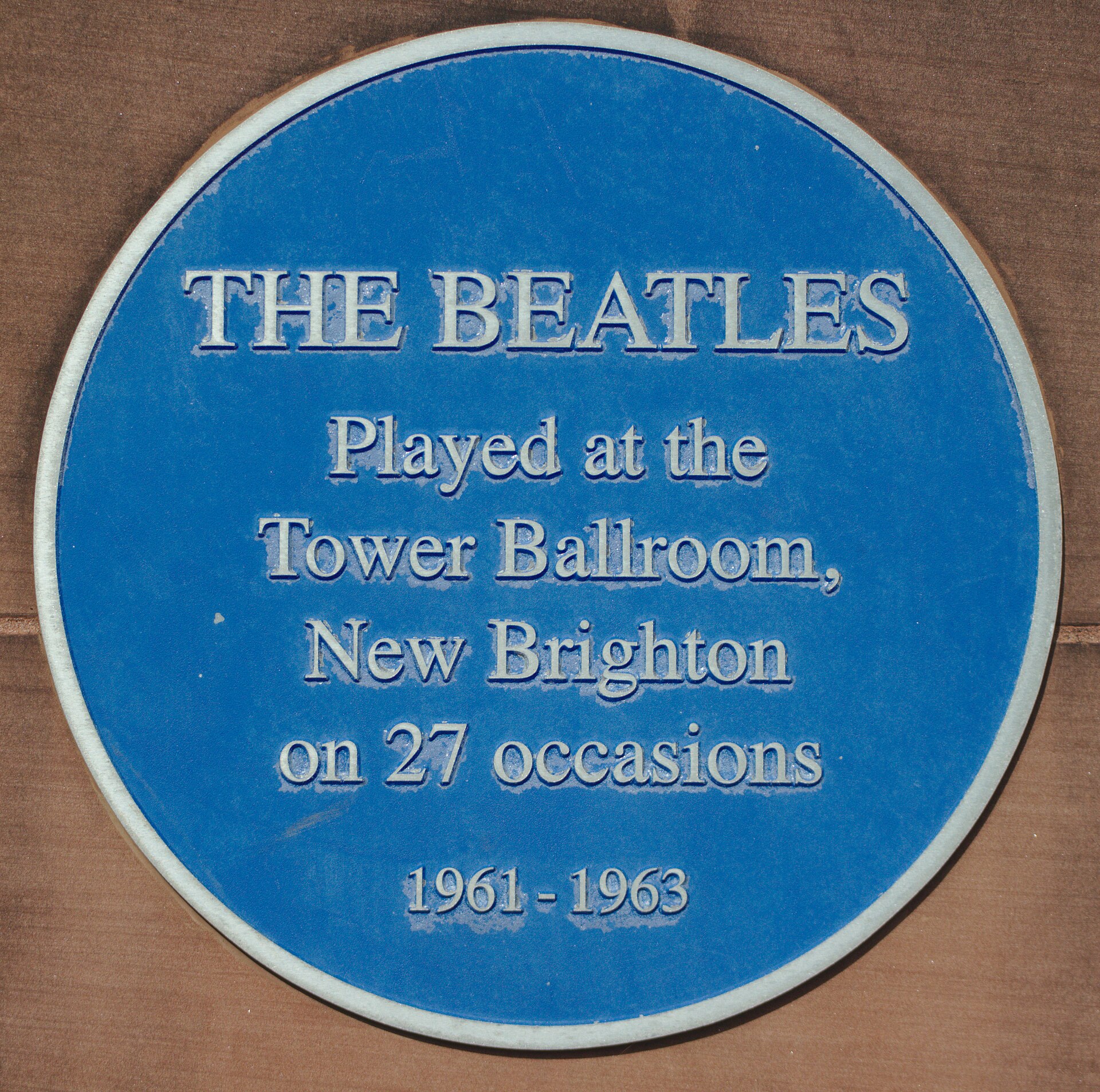 Blue Beatles plaque on Tower Promenade, New Brighton, beside the site of the Tower Ballroom, in 2020