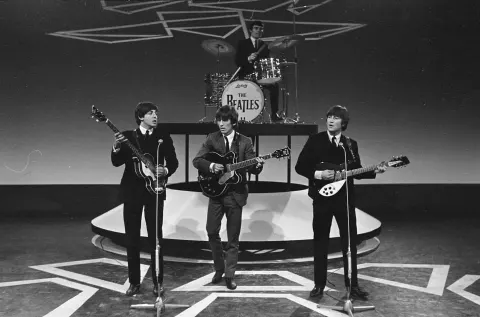 The Beatles with stand-in drummer Jimmie Nicol during the VARA television taping at Treslong, Hillegom, 5 June 1964