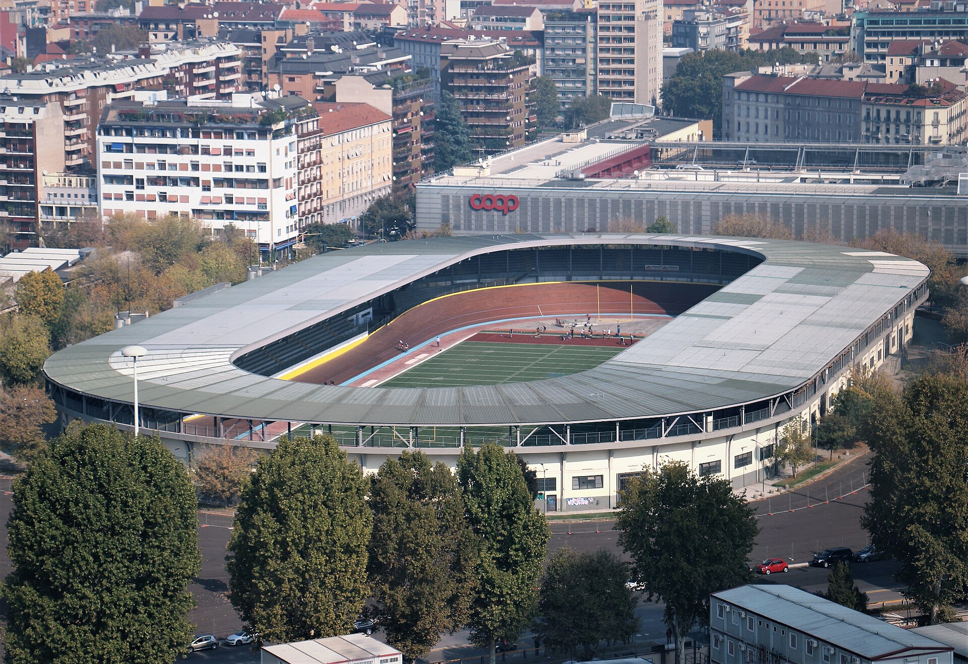 Aerial view of the Velodromo Vigorelli track and stands in Milan, 2018