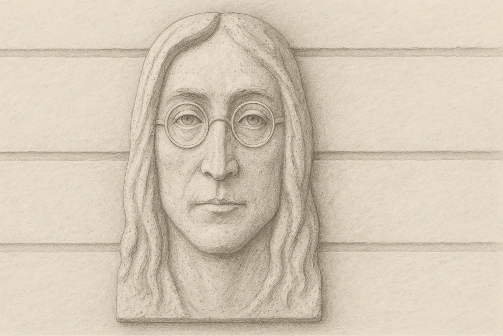 Stone relief portrait of John Lennon with glasses, inspired by the Lennon Wall in Sofia